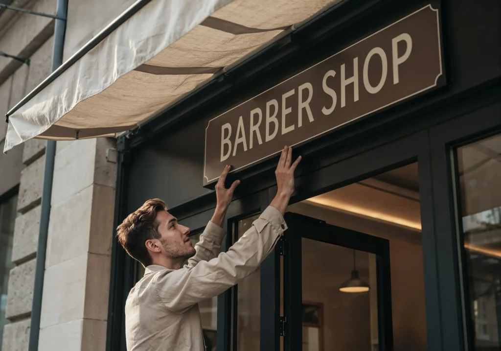 putting up barber shop sign Horizontal