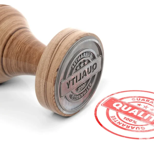 wooden round rubber stamper stamp with text quality isolated white background 3d illustration Horizontal scaled